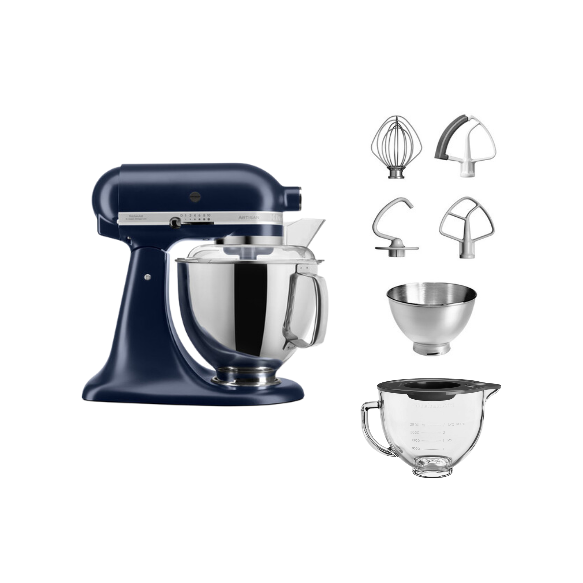 Dunkelblauer KitchenAid-Küchenmixer mit Aufsätzen. Enthält eine Schüssel und verschiedene Mischwerkzeuge.