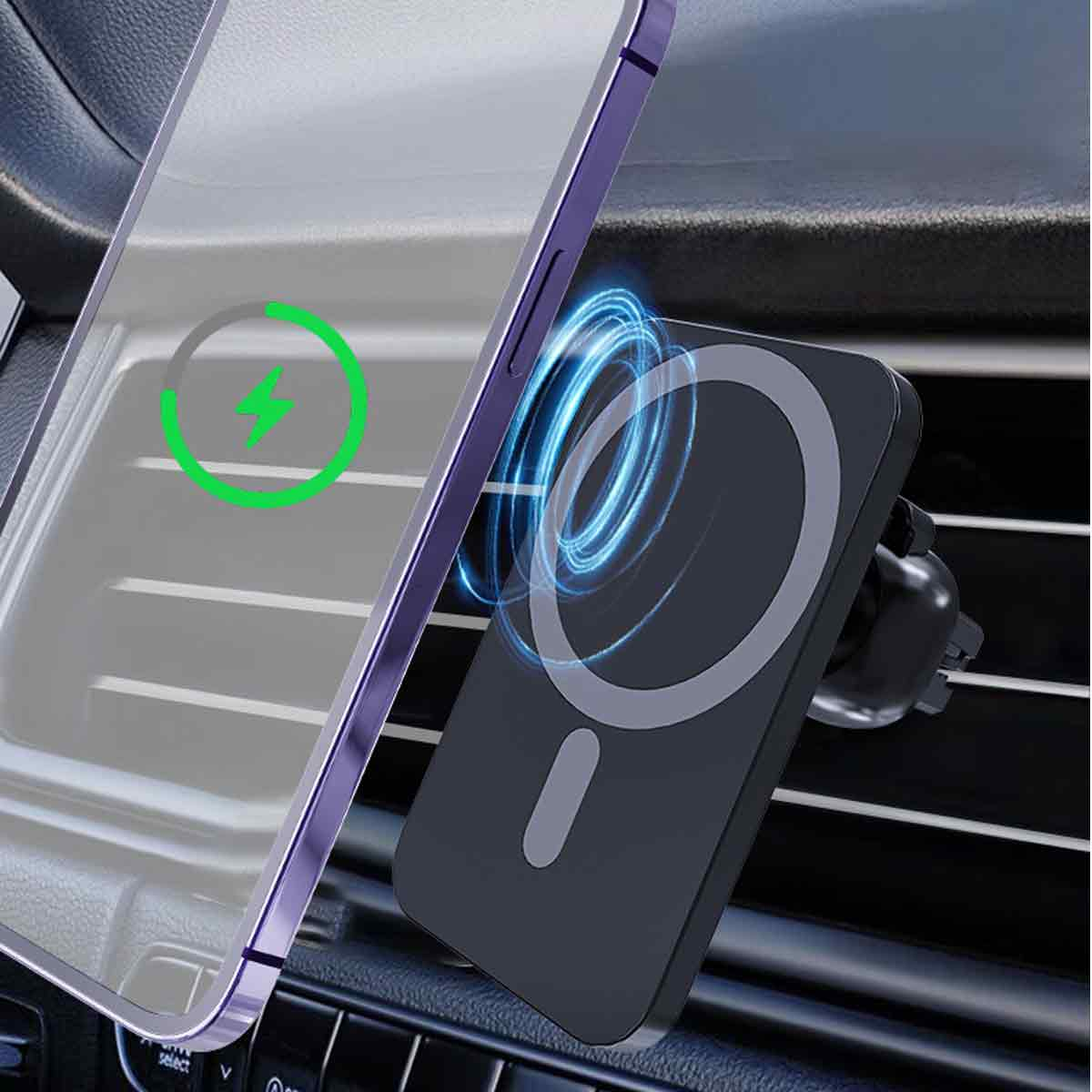 Ein Telefon, das drahtlos an einer Lüftungshalterung im Auto geladen wird. Das Telefon ist schwarz und es gibt eine grüne Ladeanzeige.