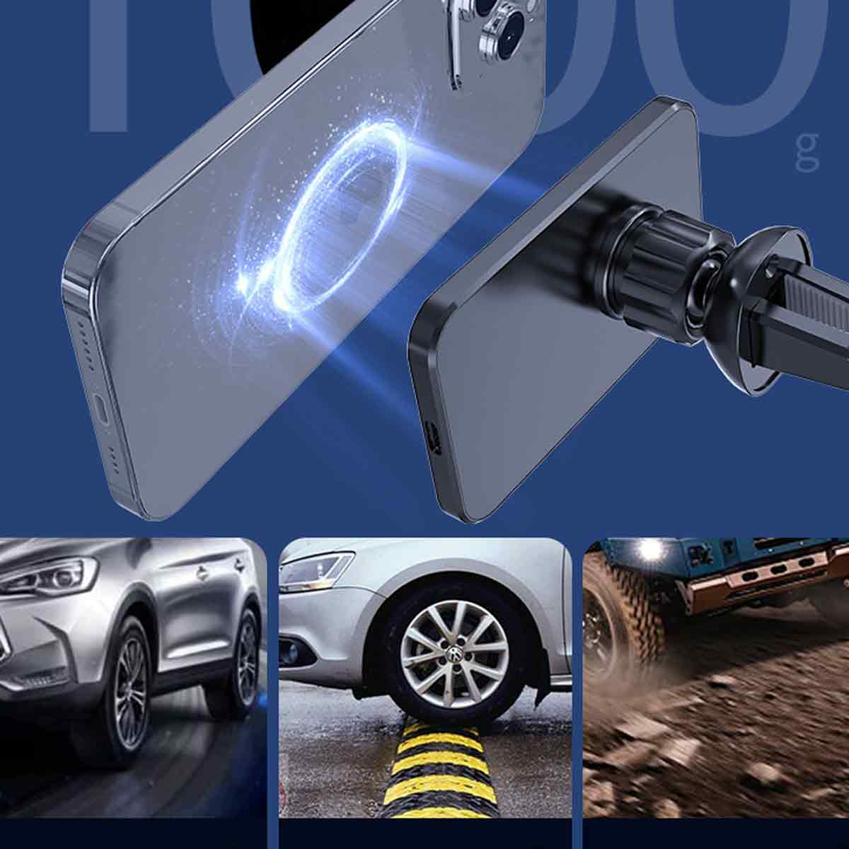 Telefon an einer Lüftung im Auto montiert, mit Nahaufnahme der Magnetverbindung und einem Auto im Hintergrund.