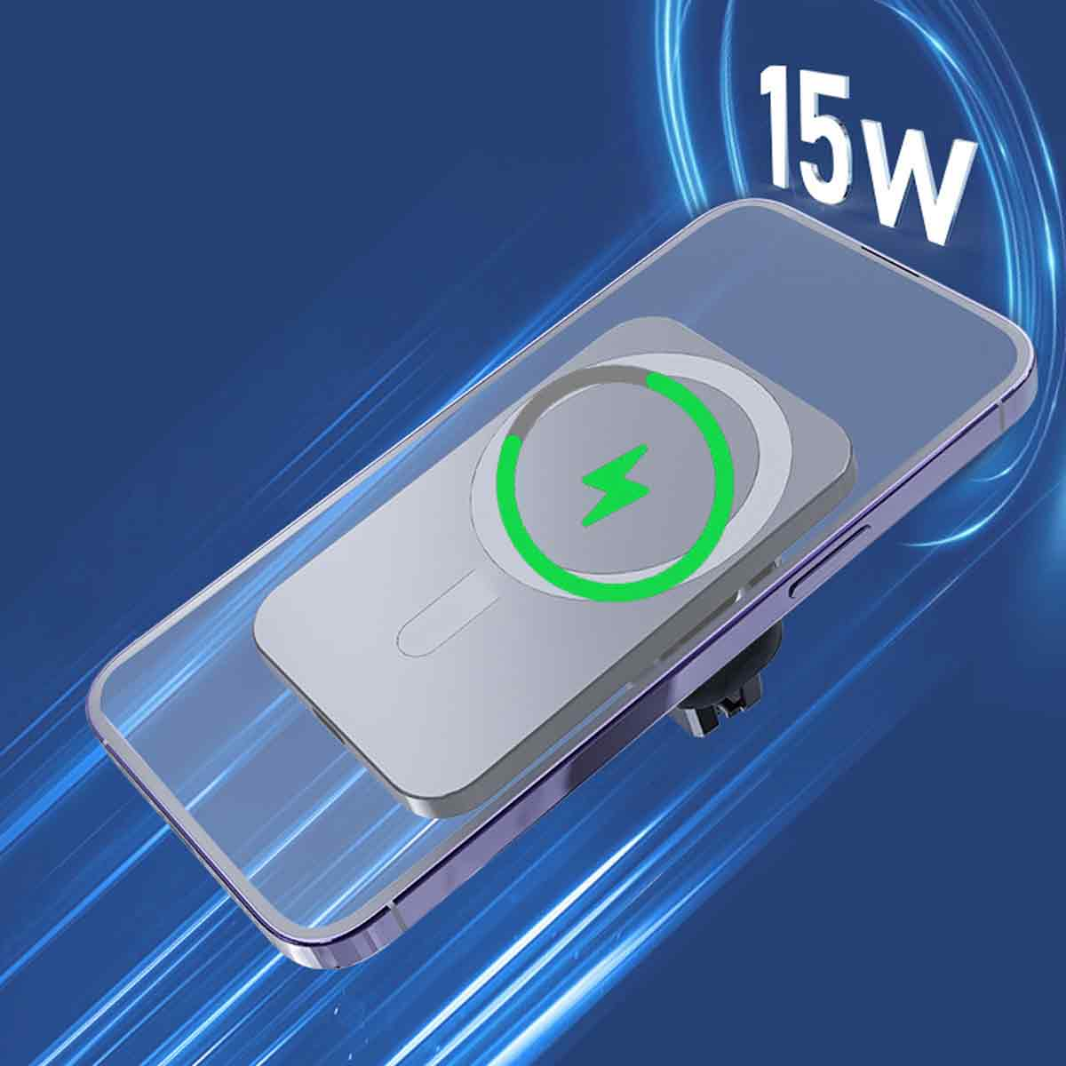 Telefon mit angeschlossenem Ladegerät. Ladegerät zeigt einen grünen Blitz. Text: 15W. Blauer Hintergrund.