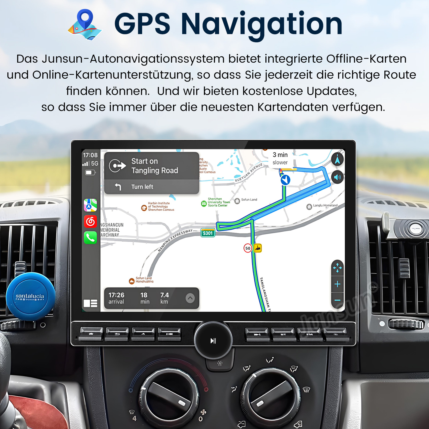 Ekran nawigacji samochodowej z mapą i wskazówkami. Widoczne wnętrze deski rozdzielczej.