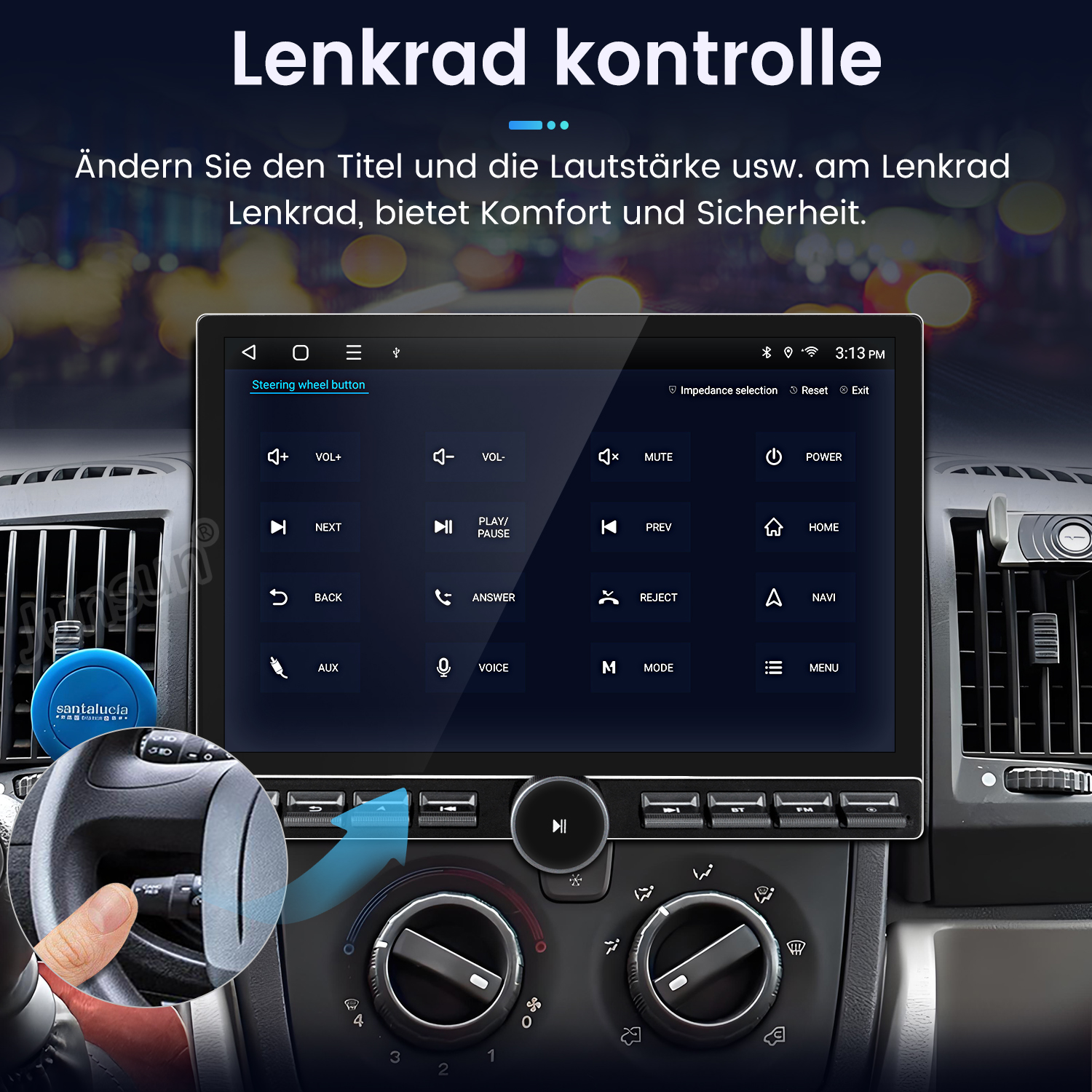 Ekran systemu informacyjno-rozrywkowego w samochodzie z przyciskami. Ręka na kierownicy. Tekst niemiecki.