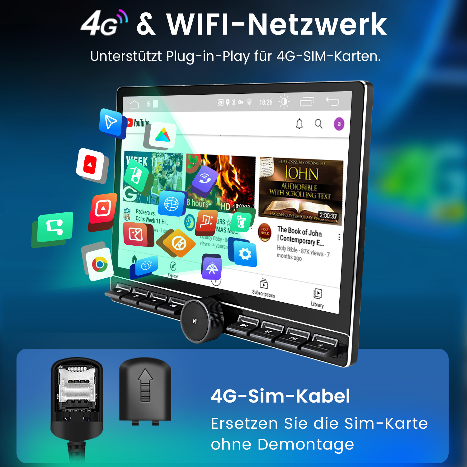 Ekran radia samochodowego z ikonami aplikacji i zawartością wideo. Kabel SIM poniżej.