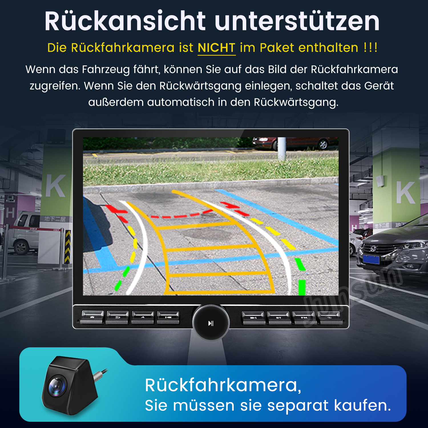 Auto-Bildschirm zeigt eine Parkansicht mit Linien und einer Kamera. Unten wird eine Kamera gezeigt.