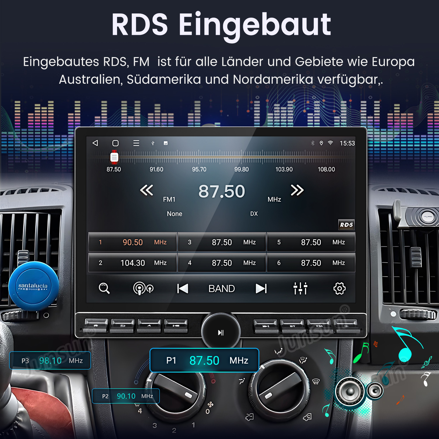 Autoradio-Bildschirm mit Radioeinstellungen. Innenraum eines Armaturenbretts ist sichtbar.