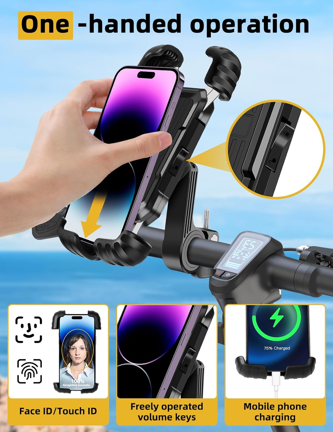 Ein Telefon an einem Lenker montiert. Es zeigt Face ID, Lautstärketasten und Ladefunktionen.