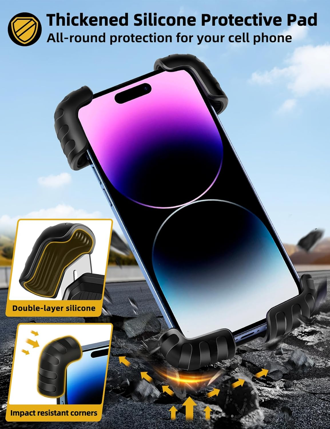 Ein Telefon wird in einem Telefonhalter gehalten. Der Telefonhalter ist schwarz und hat Schutzpolster.