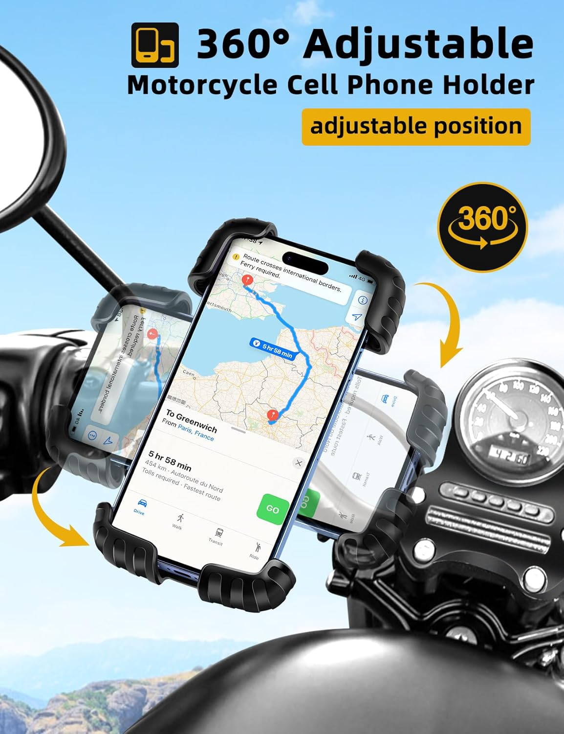 Motorrad mit einem am Lenker befestigten Telefonhalter, der ein Telefon mit Karte hält.