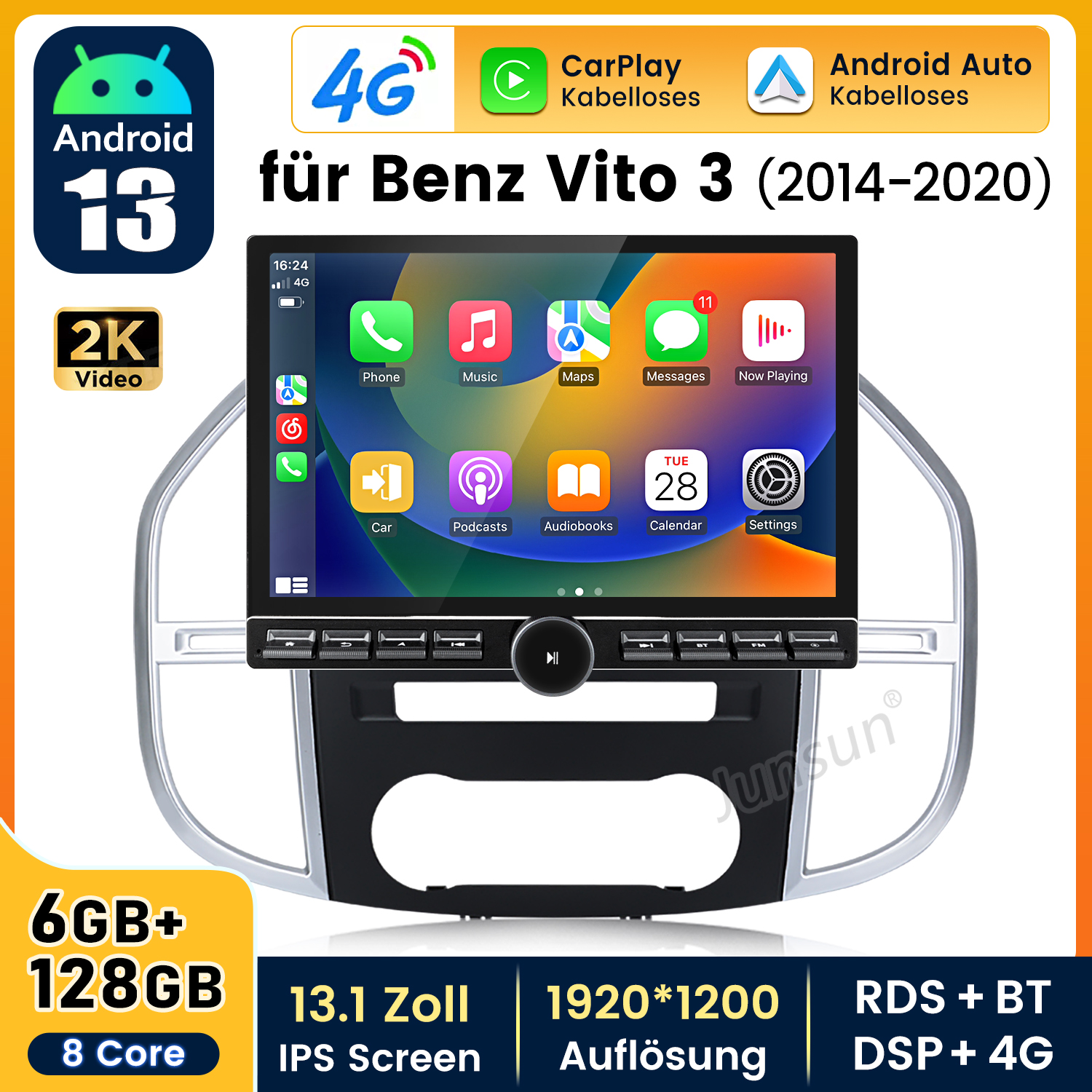 Autoradio-Bildschirm mit Android 13-Oberfläche, zeigt Apps, Einstellungen und Autofunktionen.