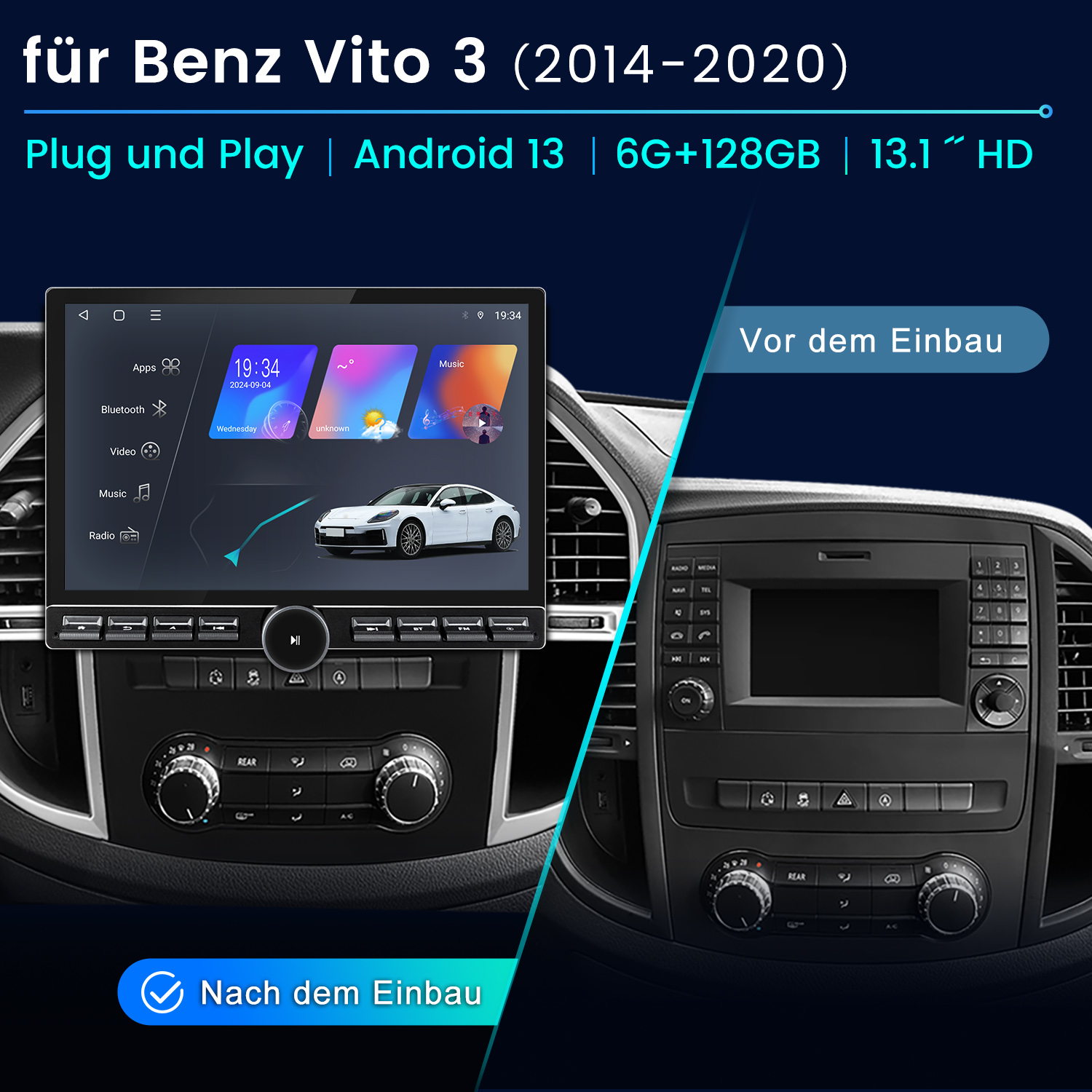 Autoradio-Bildschirm mit Apps, Musik und einem Autobild. Das Radio ist in einem Auto installiert.