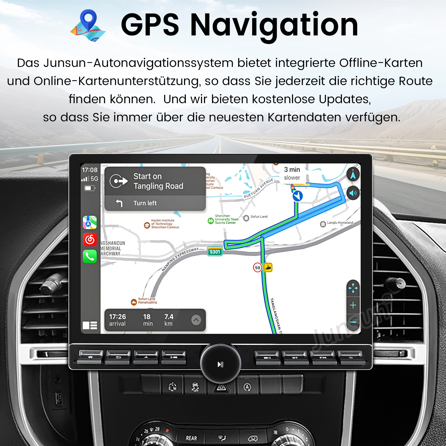 Auto-GPS-Navigationsbildschirm, der eine Karte mit Route und Wegbeschreibung zeigt.