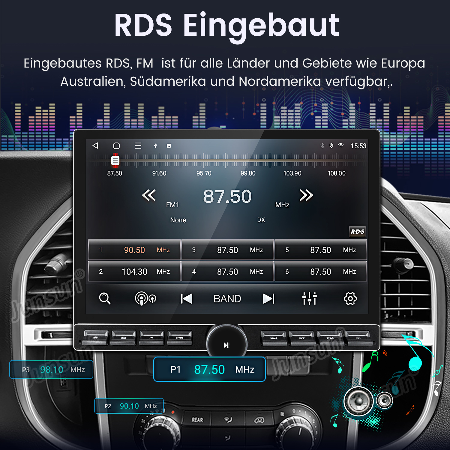 Armaturenbrett eines Autos, das Radiofrequenzen und Einstellungen auf einem Bildschirm zeigt.