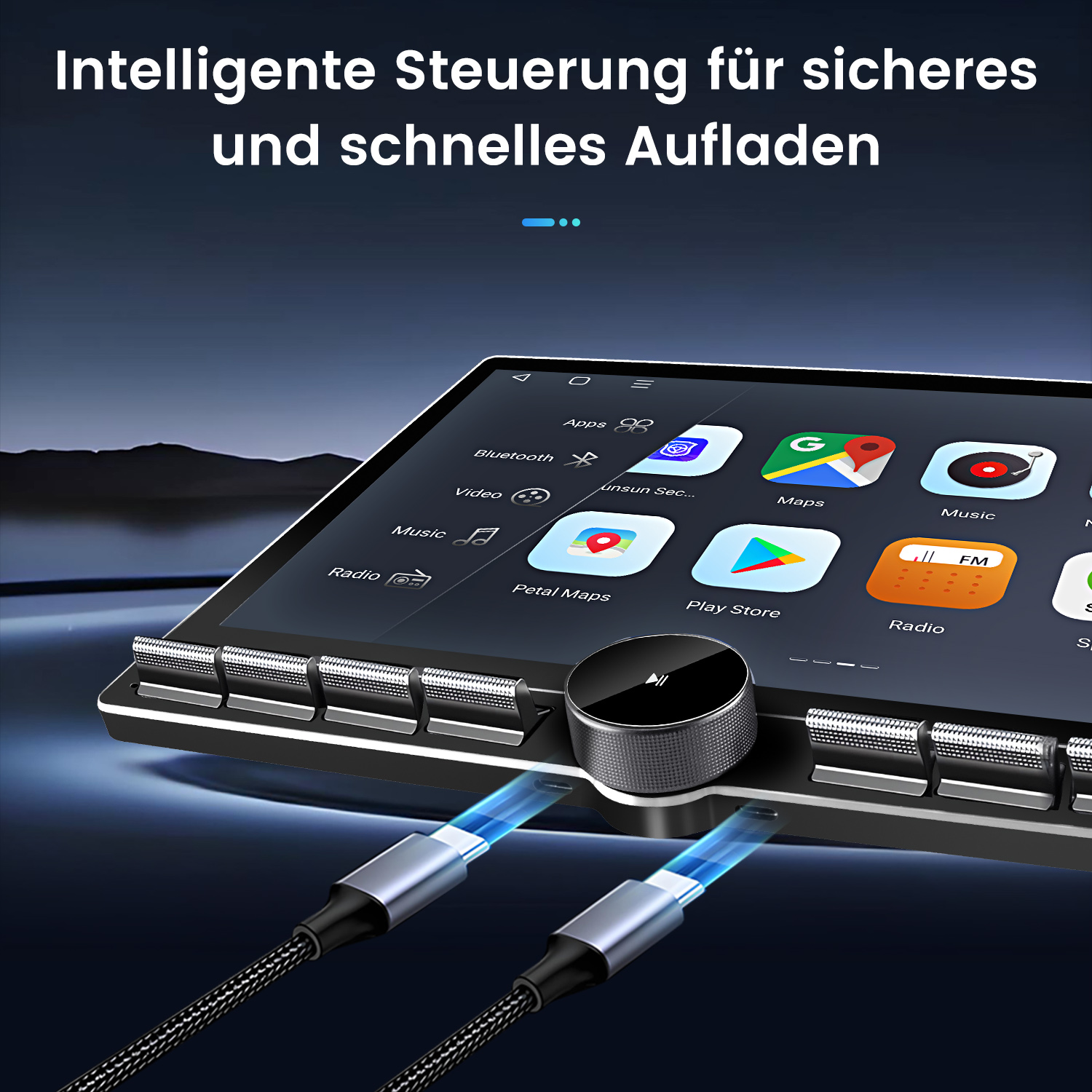 Cyfrowa deska rozdzielcza samochodu z pokrętłem i kablami ładującymi.