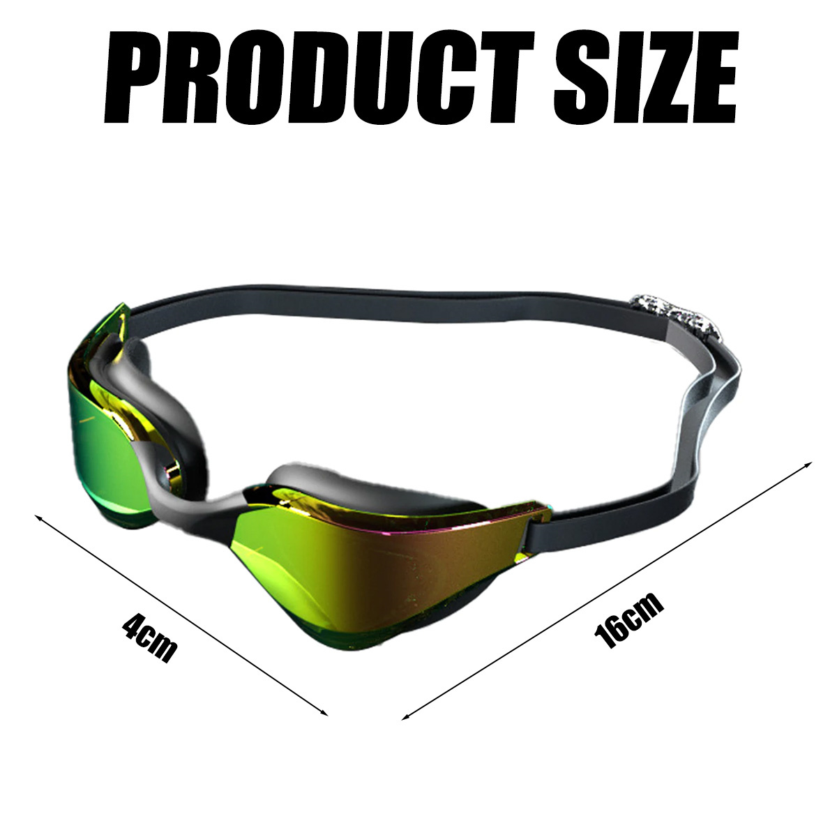 Schwimmbrille, grün getönte Gläser mit schwarzem Rahmen, Produktgrößeninfo.