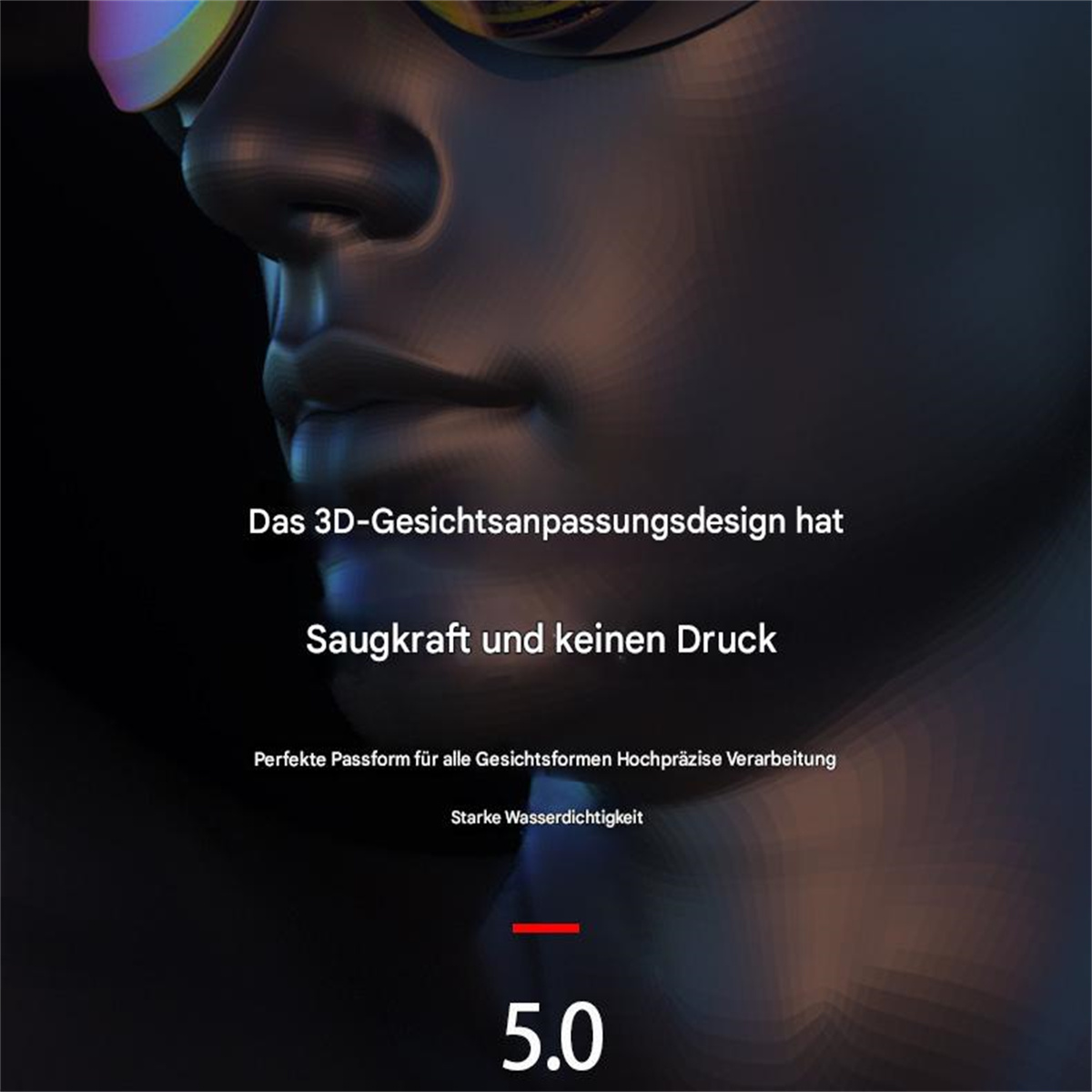 3D-gerendertes Gesicht, Text über Design und Saugkraft und eine Bewertung von 5,0. Dunkler Hintergrund.