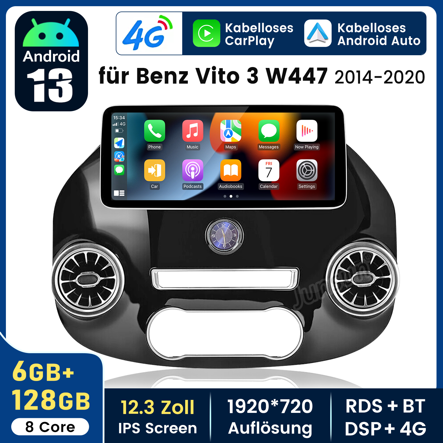 Autoradio mit Bildschirm, der Apps anzeigt. Text weist auf Android 13, Automodell und Funktionen hin.