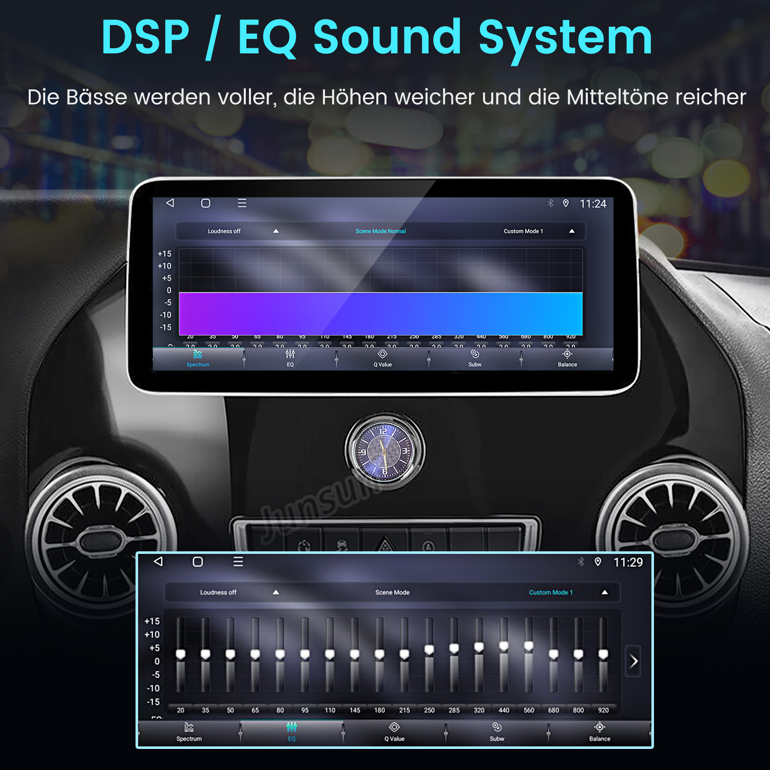 Autoradio-Schnittstelle, die eine Soundsystem-Oberfläche mit mehreren Einstellungen und Equalizer zeigt.