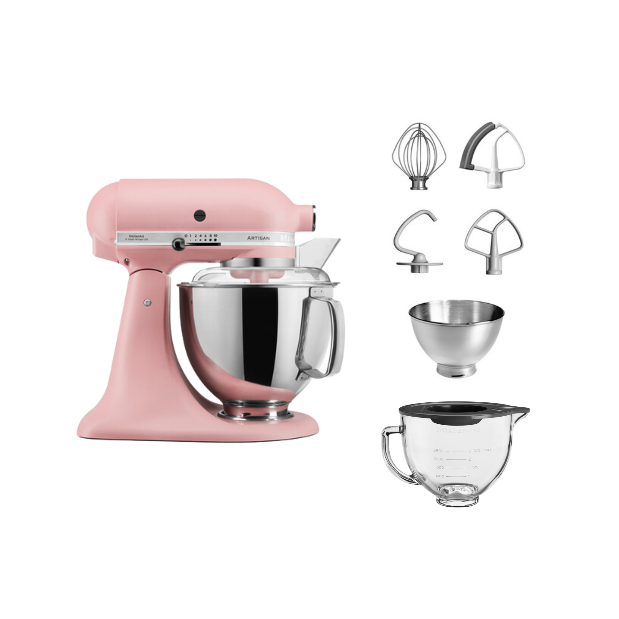 Rosa Küchenmixer mit verschiedenen Aufsätzen und einer Glas-Rührschüssel. Weißer Hintergrund.