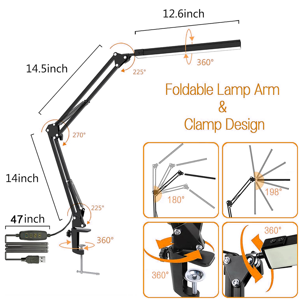 Schwarze, faltbare Schreibtischlampe mit Maßen und Rotationsdiagrammen.