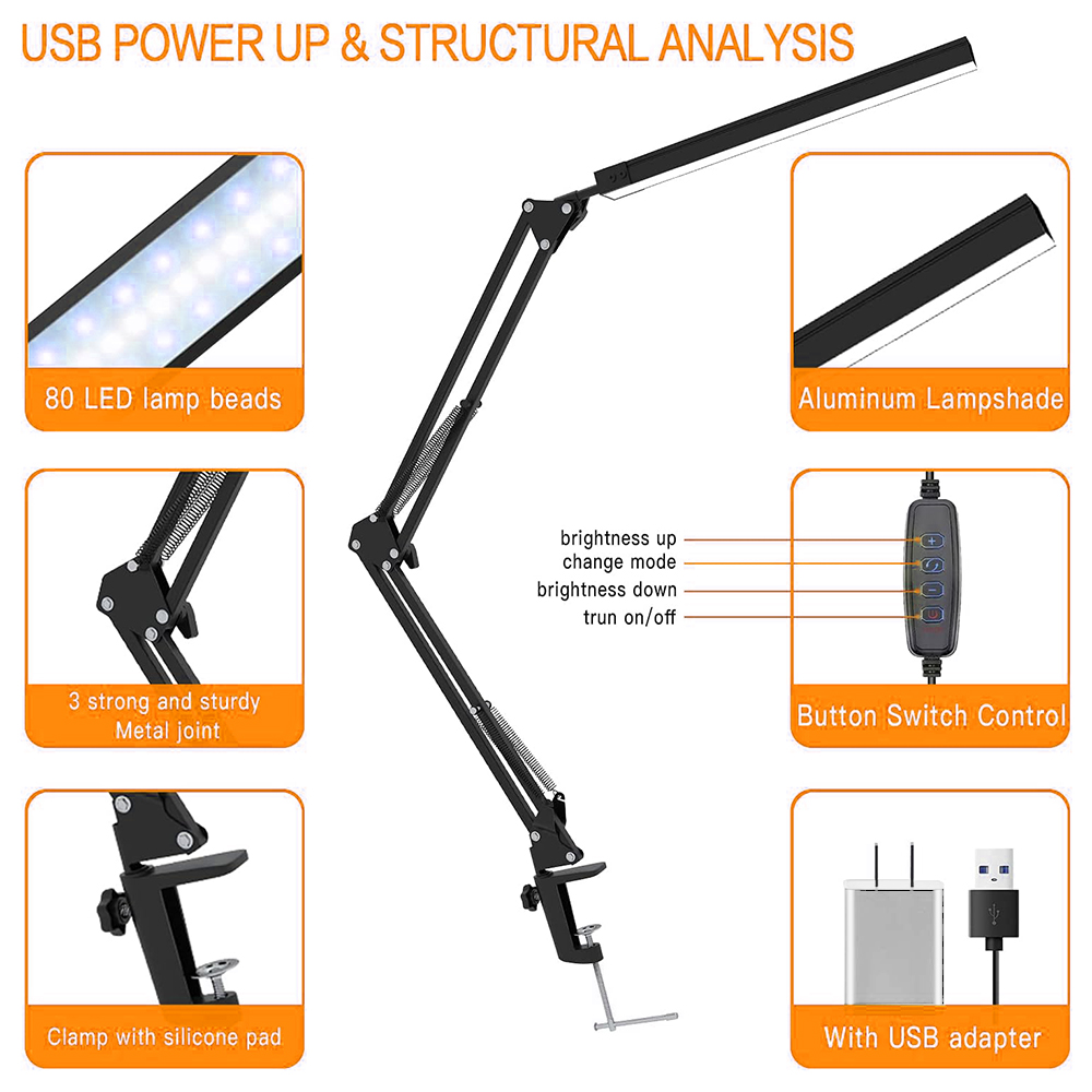 Schwarze Schreibtischlampe mit USB, Steuertasten und Diagramm der Komponenten.