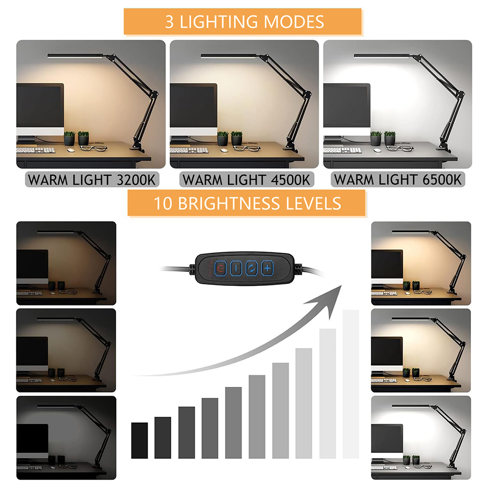 Bilder der Schreibtischlampe, die 3 Beleuchtungsmodi und 10 Helligkeitsstufen mit einem Bedienfeld zeigen.