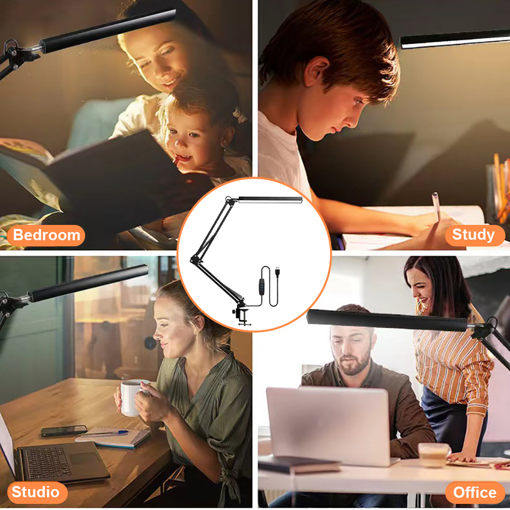 Mehrere Szenen mit Schreibtischlampe. Schlafzimmer, Arbeitszimmer, Studio und Büro. Personen benutzen die Lampe.
