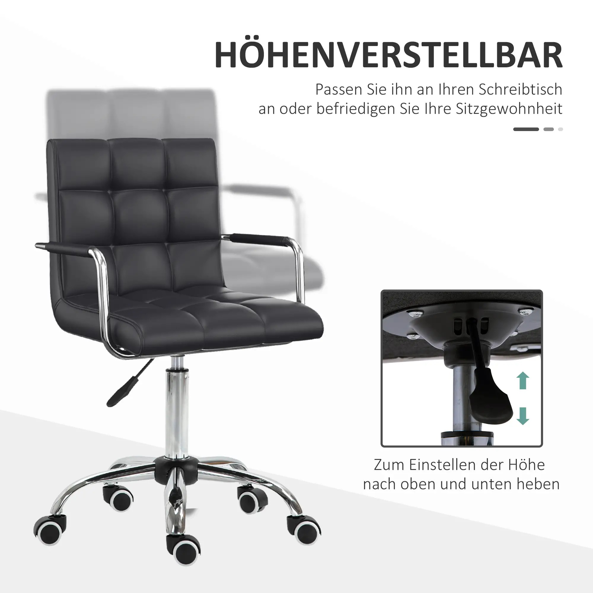 Schwarzer Bürostuhl mit Chromgestell und Rollen. Er hat eine quadratisch gesteppte Rückenlehne.