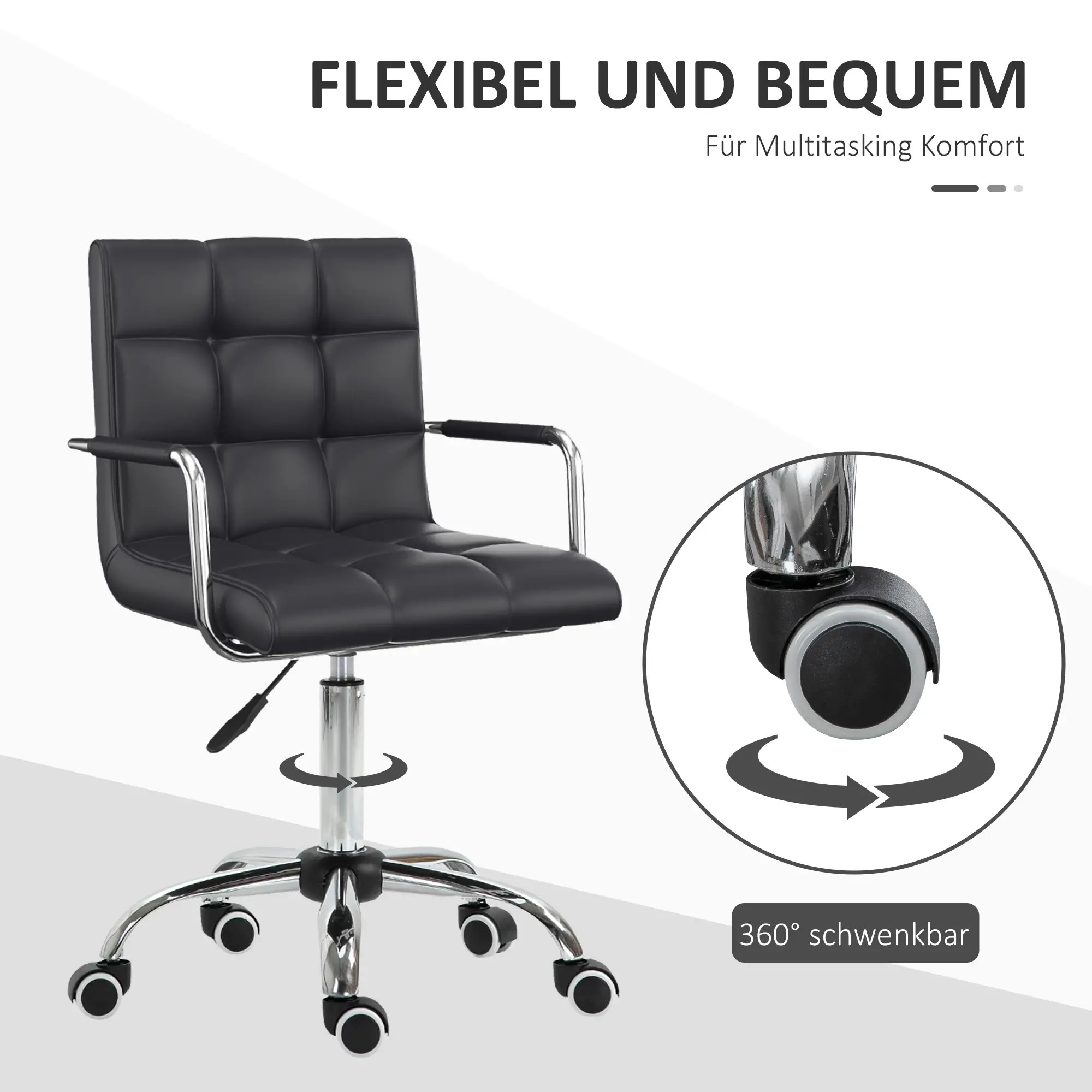 Schwarzer Bürostuhl mit 360°-Drehfunktion. Chromgestell und Räder für Multitasking.