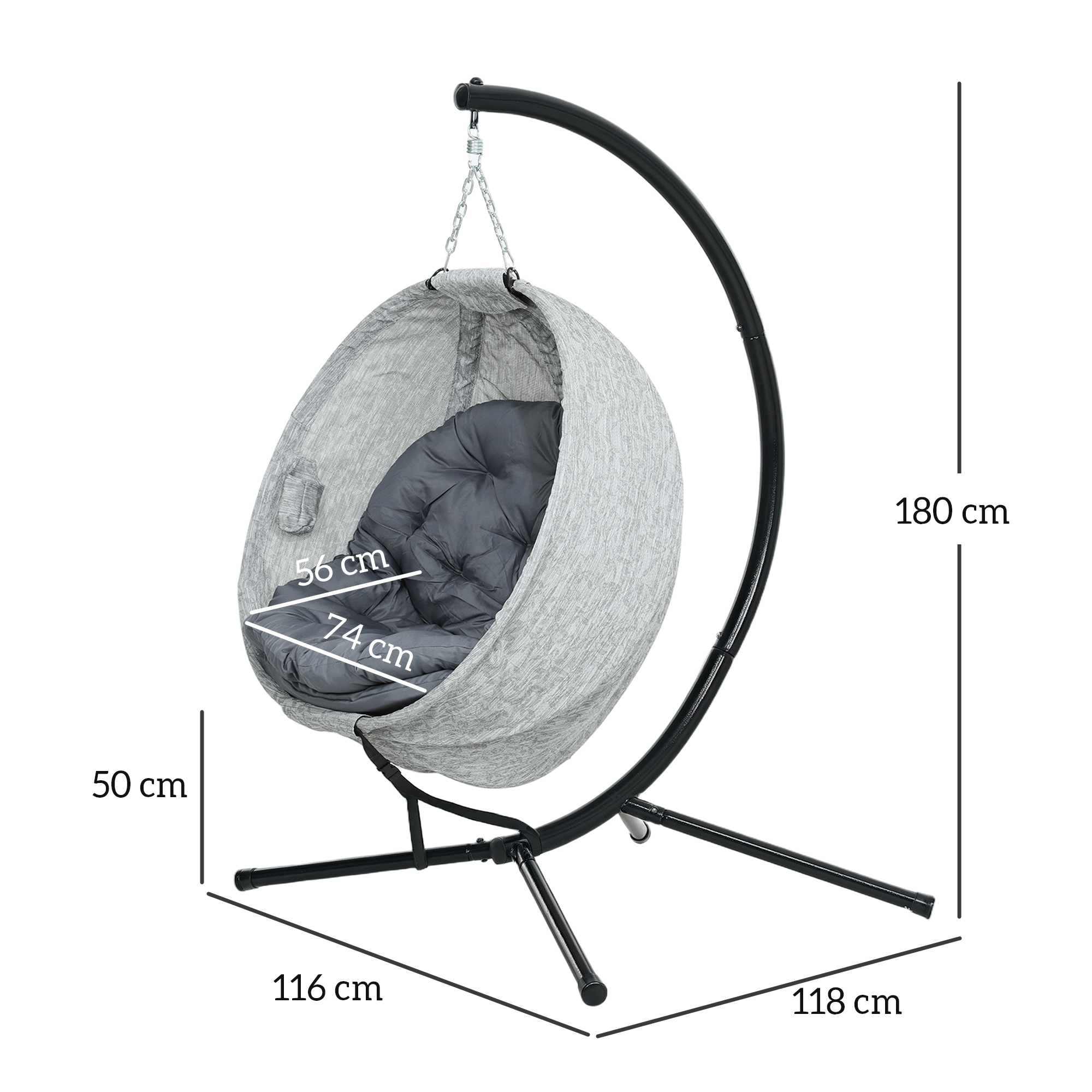 Hängestuhl mit Maßangaben: 180 cm Höhe, 116 cm Breite, 118 cm Basis und 50 cm Tiefe.