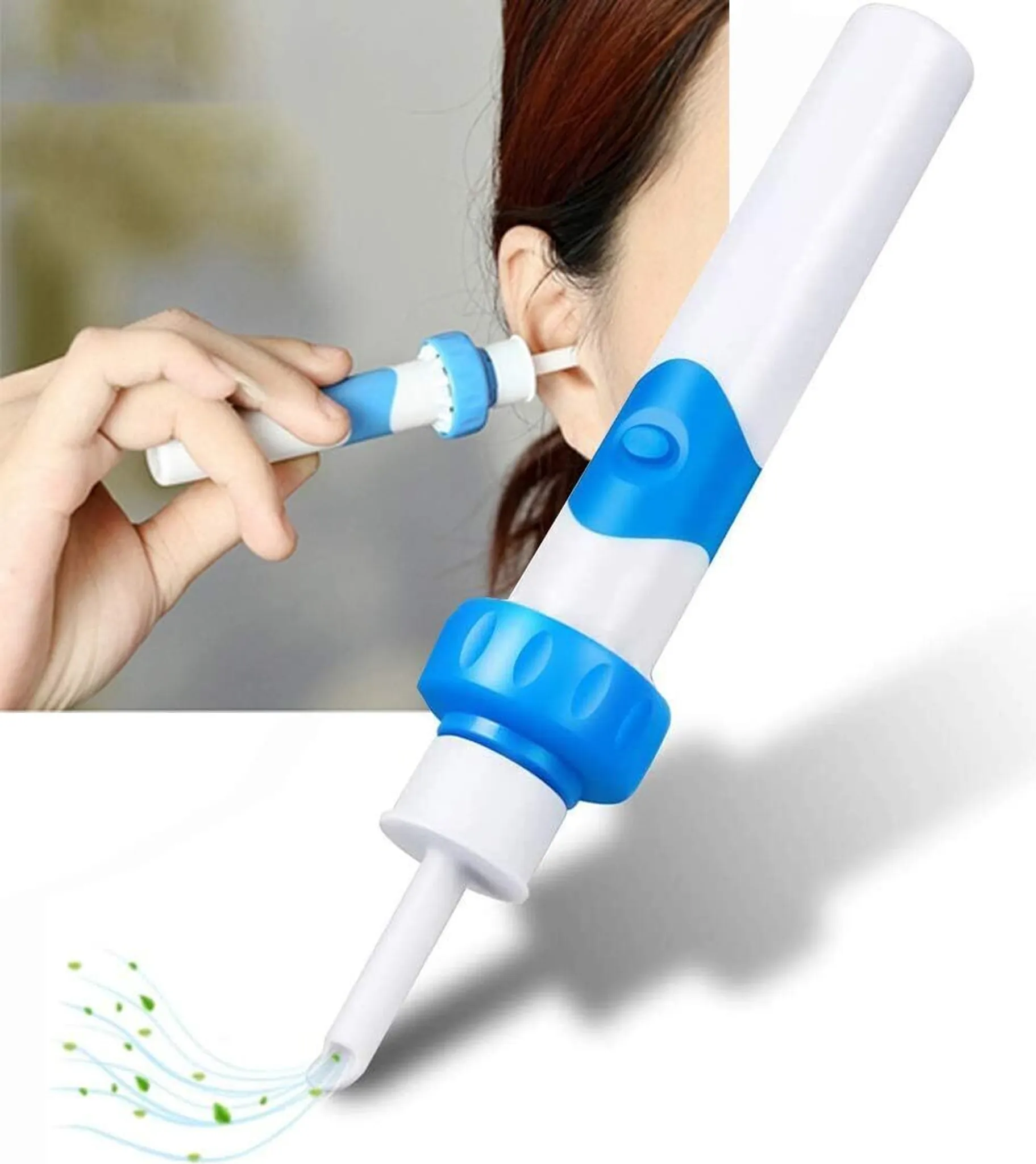Ein Ohrreiniger mit blauem und weißem Design. Der Reiniger entfernt Ablagerungen aus dem Gehörgang.