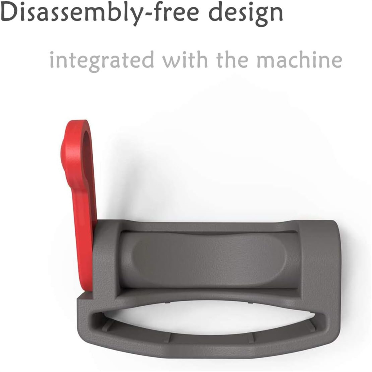 Grau-roter Griff, Teil einer Maschine, mit dem Worten 'Demontagefreies Design' darüber.