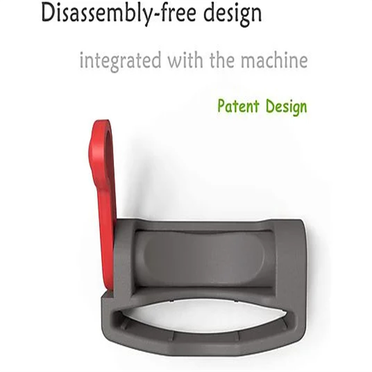 Grau-roter Griff mit der Aufschrift 'Patent Design', Teil einer Maschine. Der Text darüber lautet 'Demontagefrei'.