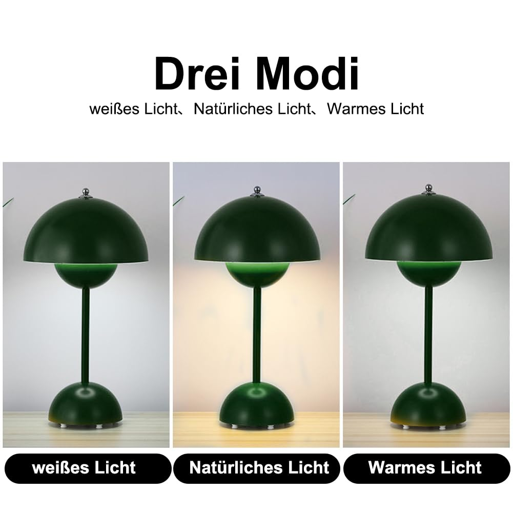 Drei grüne Lampen mit verschiedenen Lichtmodi: weißes, natürliches und warmes Licht.