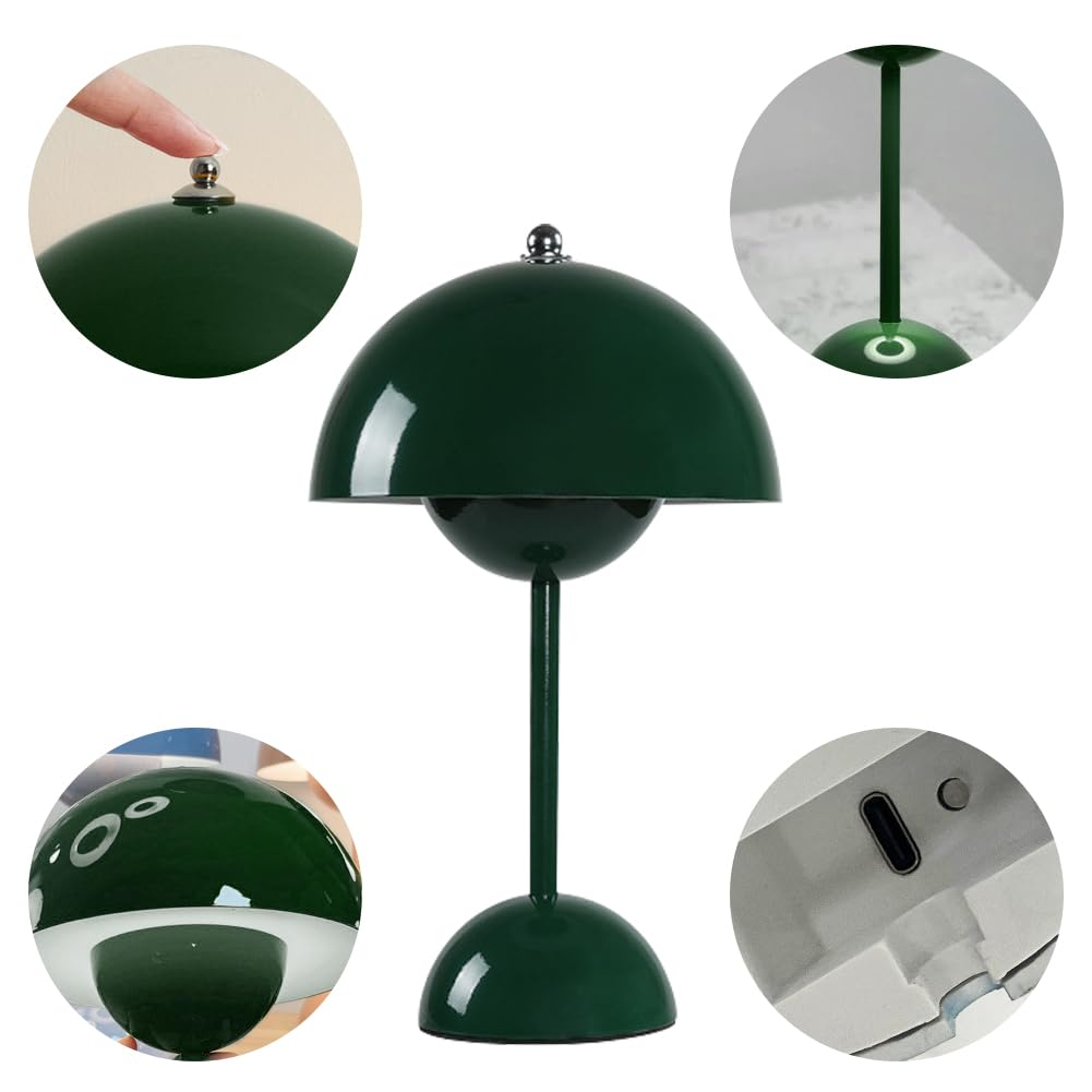Eine grüne Lampe mit mehreren Nahaufnahmen, darunter ein Berührungssensor und ein Ladeanschluss.