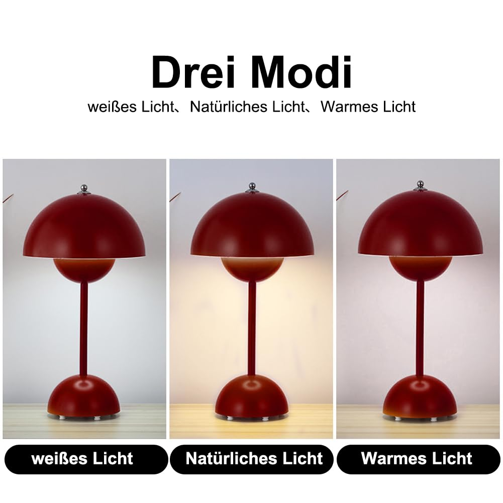 Drei rote Tischlampen. Jede Lampe hat unterschiedliche Lichteinstellungen: weiß, natürlich und warm.