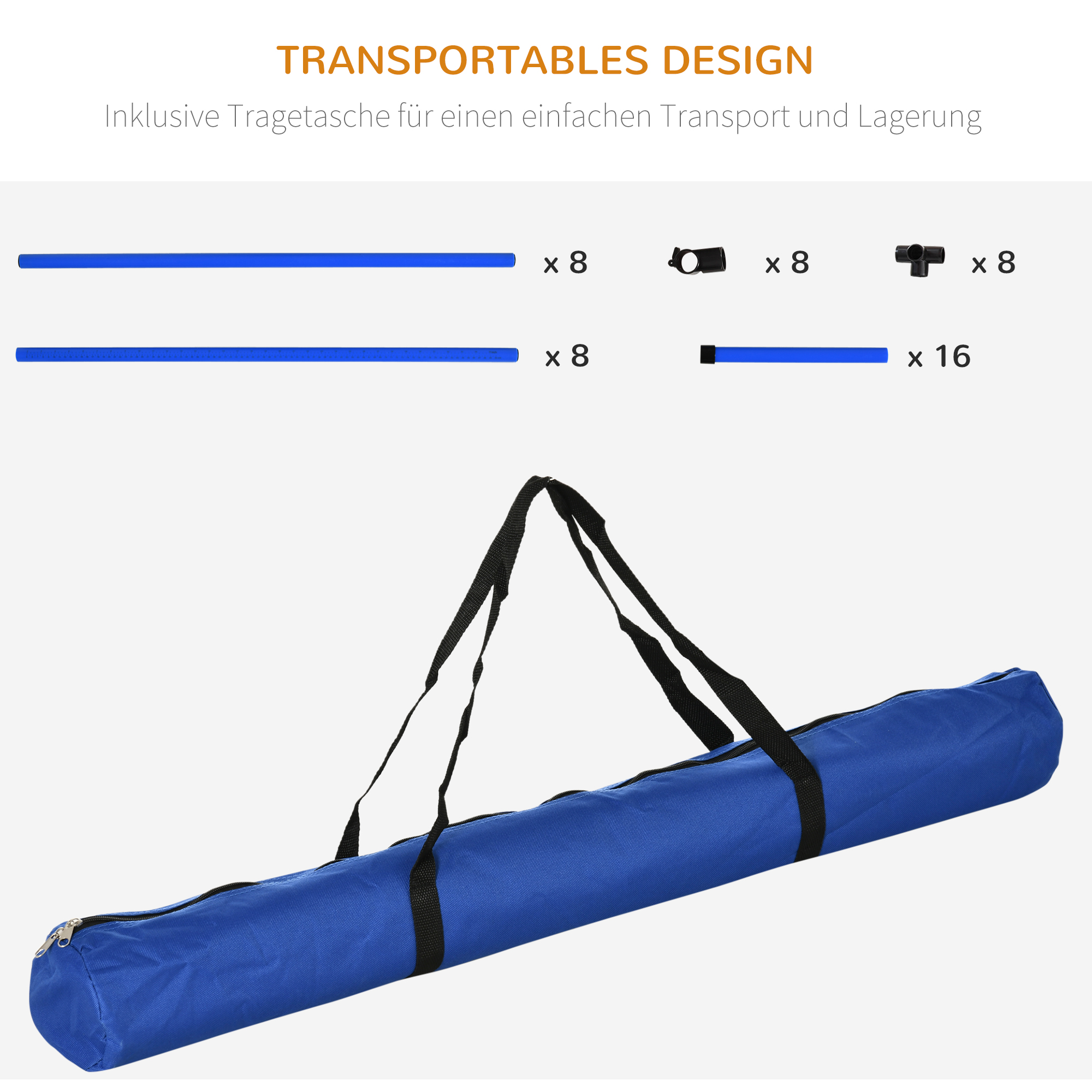 Blaue Tragetasche. Die Tasche hat schwarze Träger. Im Inneren befinden sich blaue Stangen und Verbinder für ein Agility-Set.