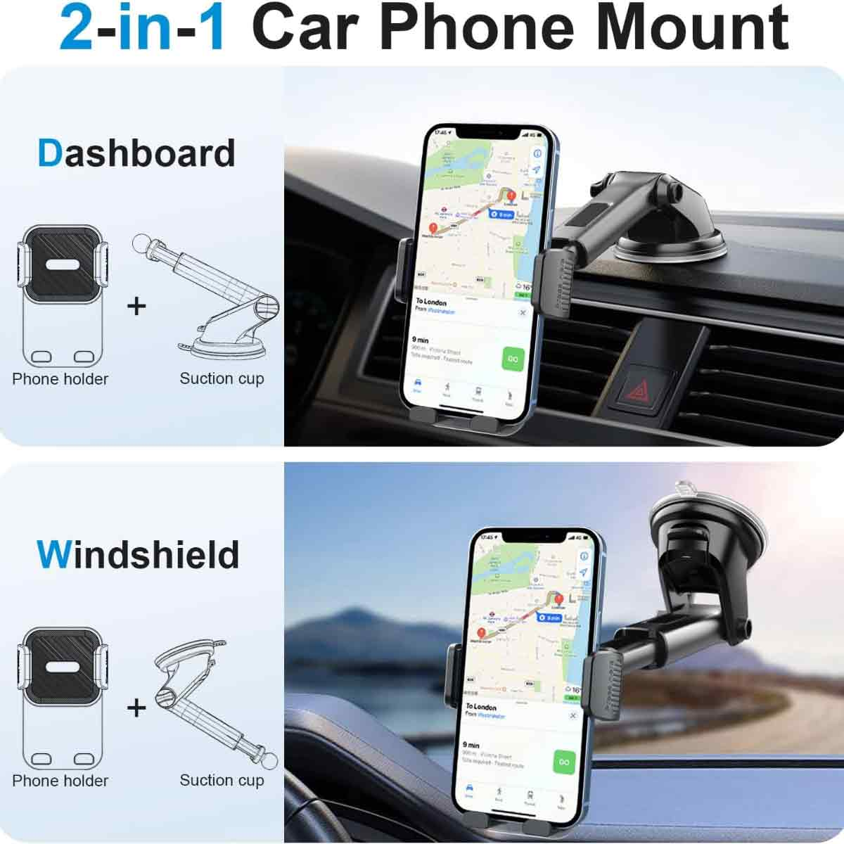 Eine Autotelefonhalterung. Sie kann auf dem Armaturenbrett oder der Windschutzscheibe verwendet werden. Es hat einen Saugnapf.