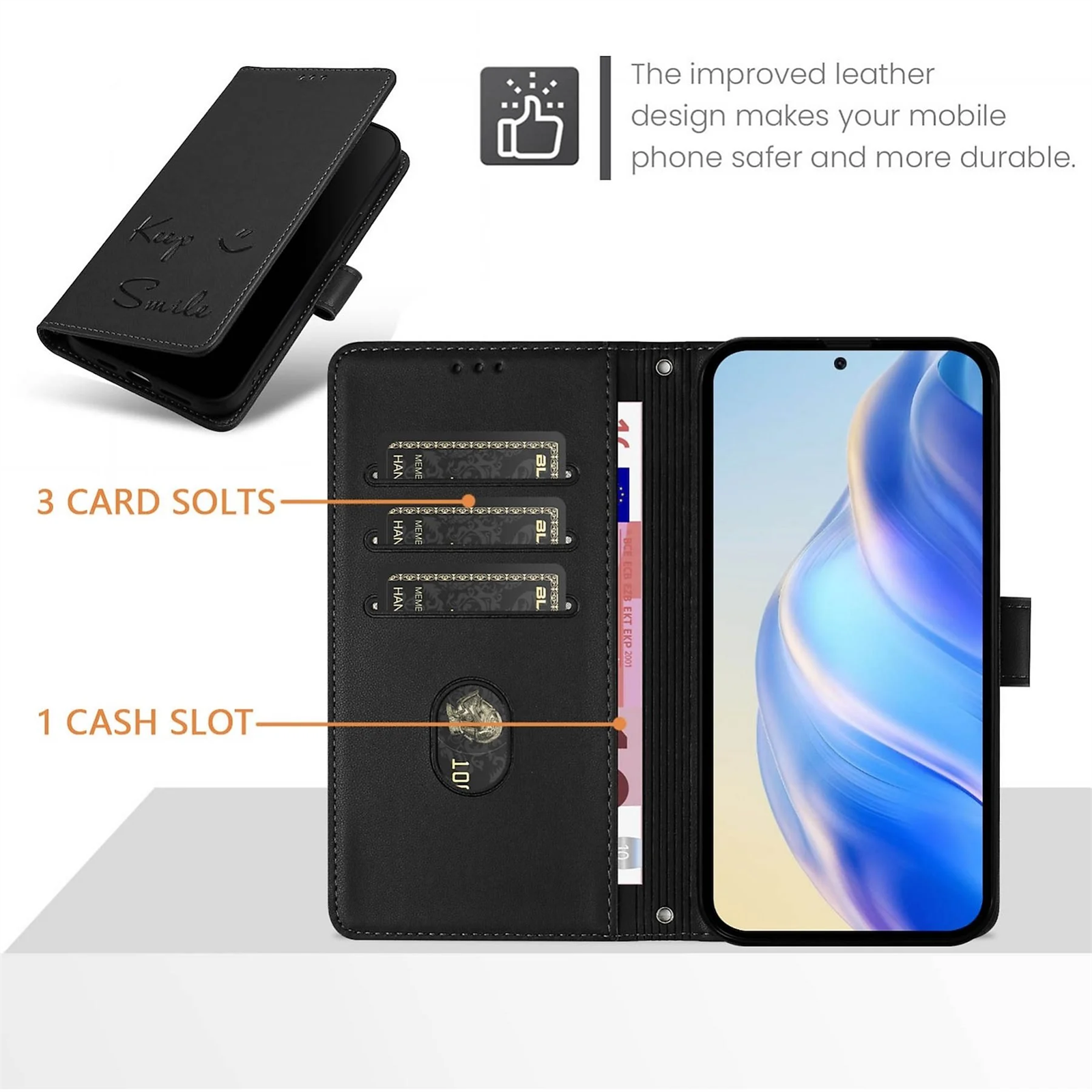 Offene schwarze Handyhülle mit Telefon. Zeigt Kartenfächer und geprägtes 'Keep Smile'-Design.