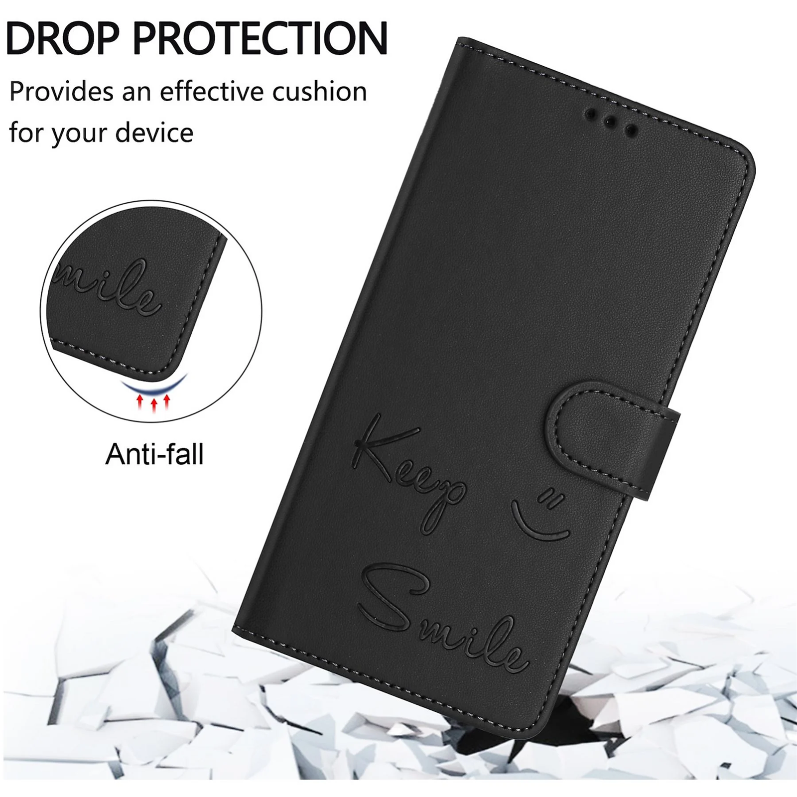 Schwarze Handyhülle mit geprägtem 'Keep Smile'-Design. Sie ist offen, zeigt ein Telefon und Kartenfächer.