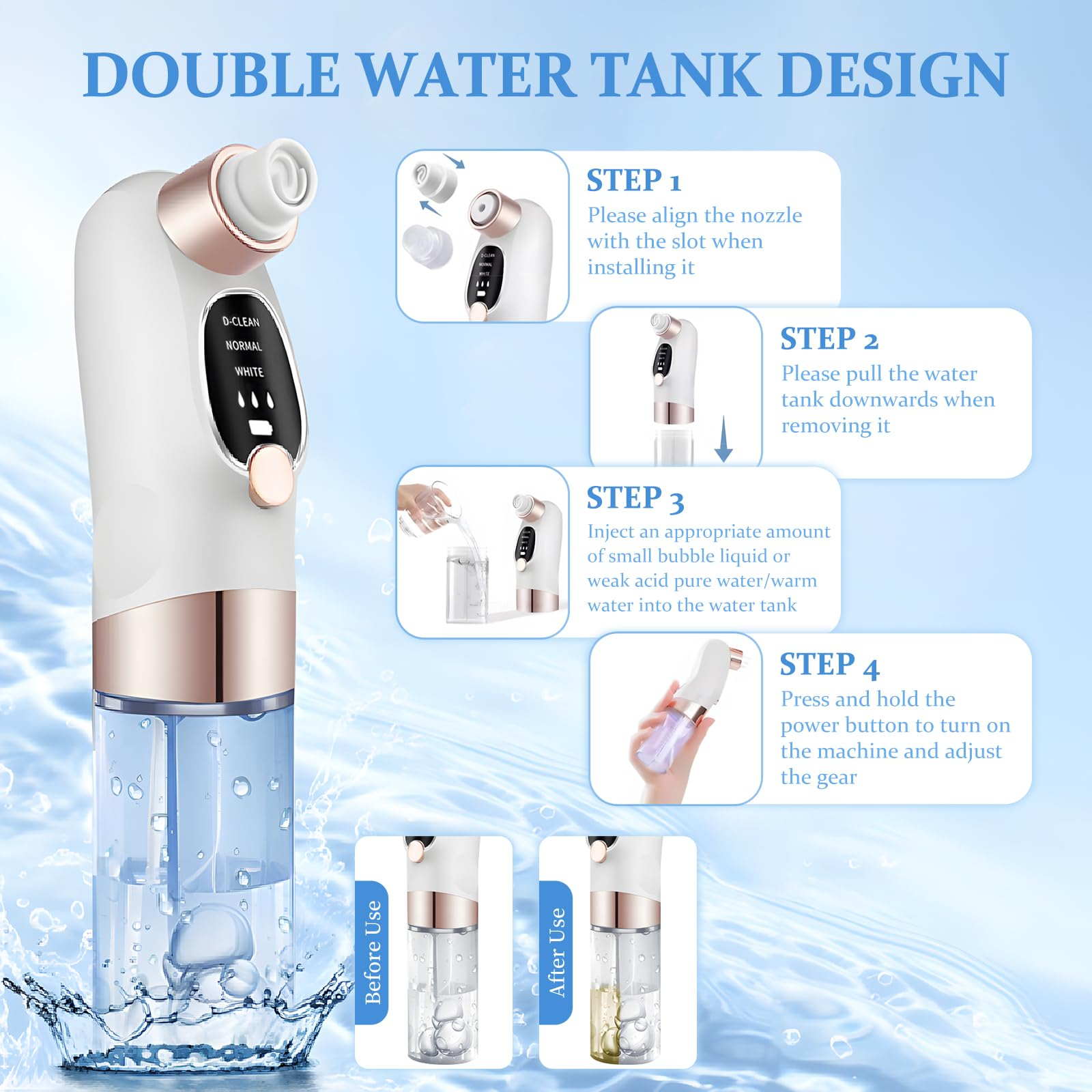 Ein weißes Gesichtsgerät mit Anweisungen. Das Gerät hat Wassertanks. Die Schritte zur Verwendung werden gezeigt.