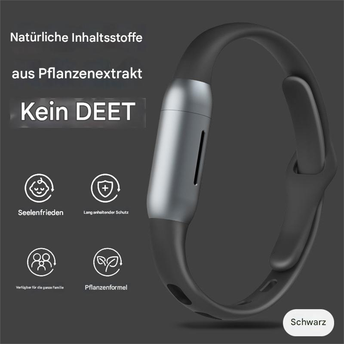 Schwarzes Armband mit silbernem zylindrischen Teil. Text: Natürliche Inhaltsstoffe, kein DEET. Symbole umgeben.
