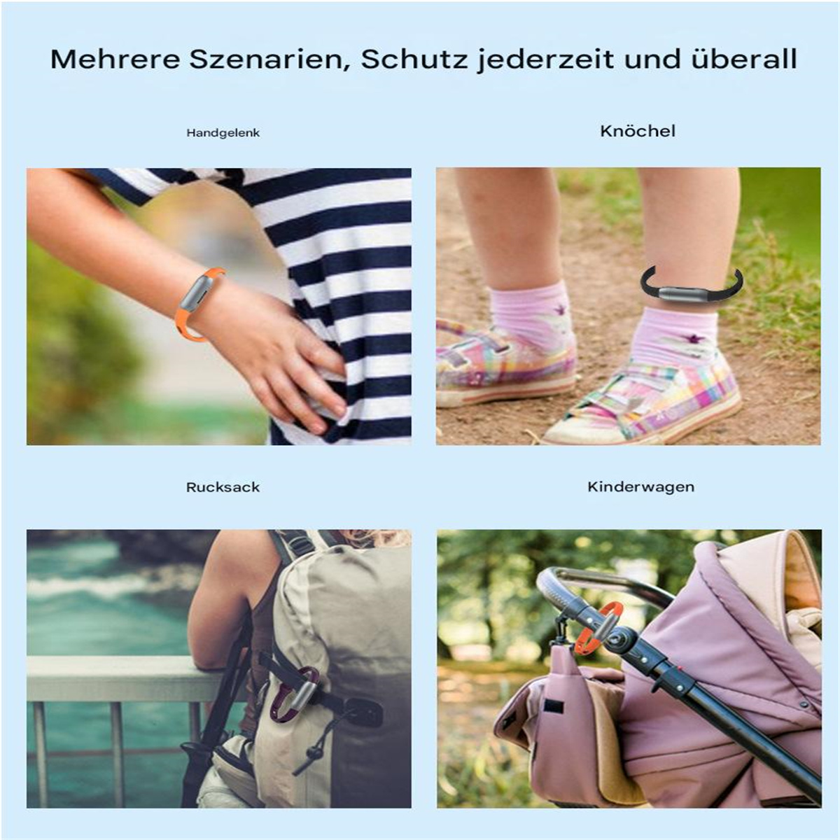 Bilder, die die Armbänder in Verwendung zeigen: am Handgelenk, Knöchel, Rucksack und Kinderwagen.