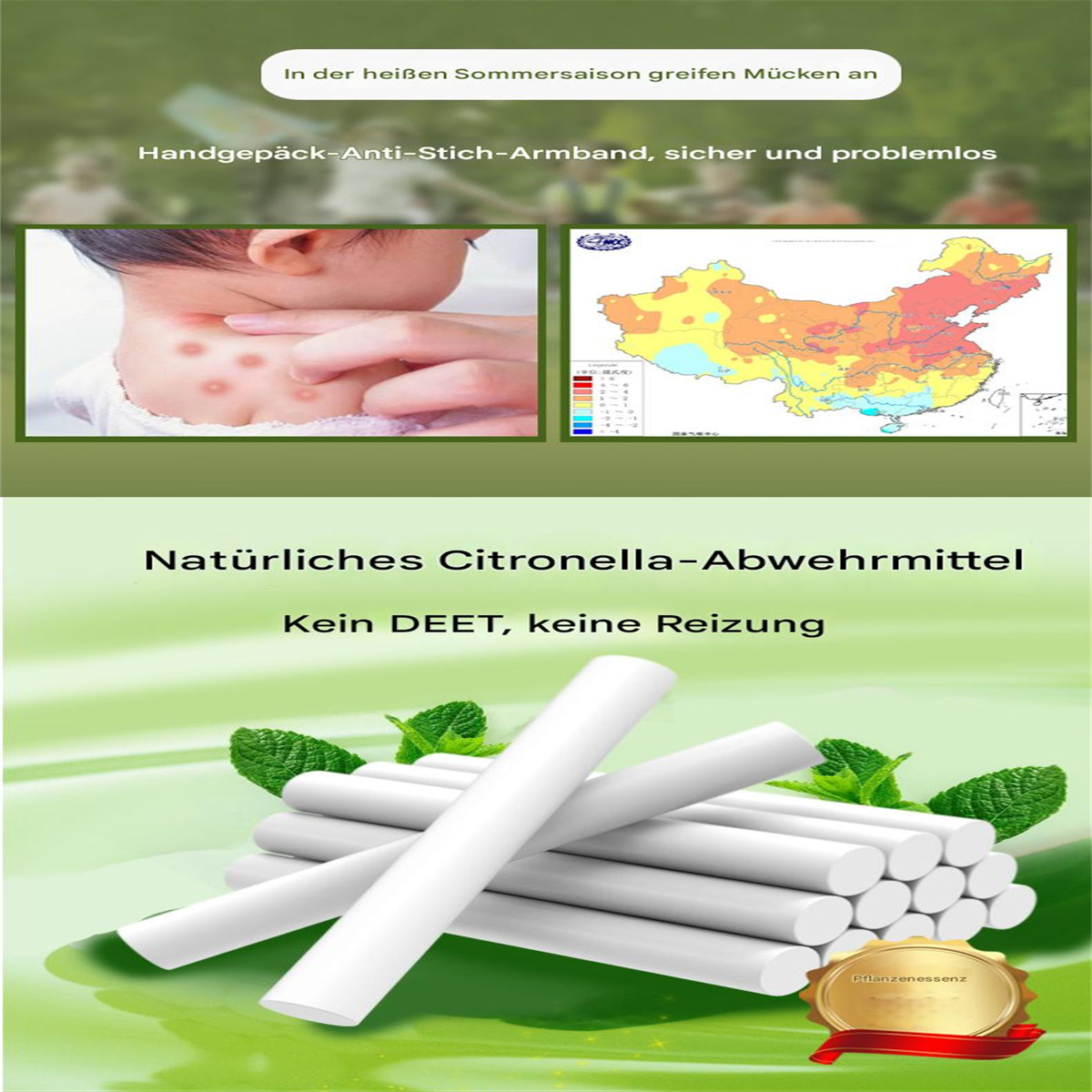 Bilder zeigen ein Baby mit Bissen und eine Karte. Text: Natürliches Citronella-Abwehrmittel, kein DEET, keine Reizung.