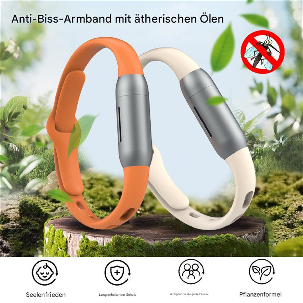 Zwei Mückenschutzarmbänder. Eins orange, eins weiß. Text: Anti-Biss-Armband mit ätherischen Ölen.