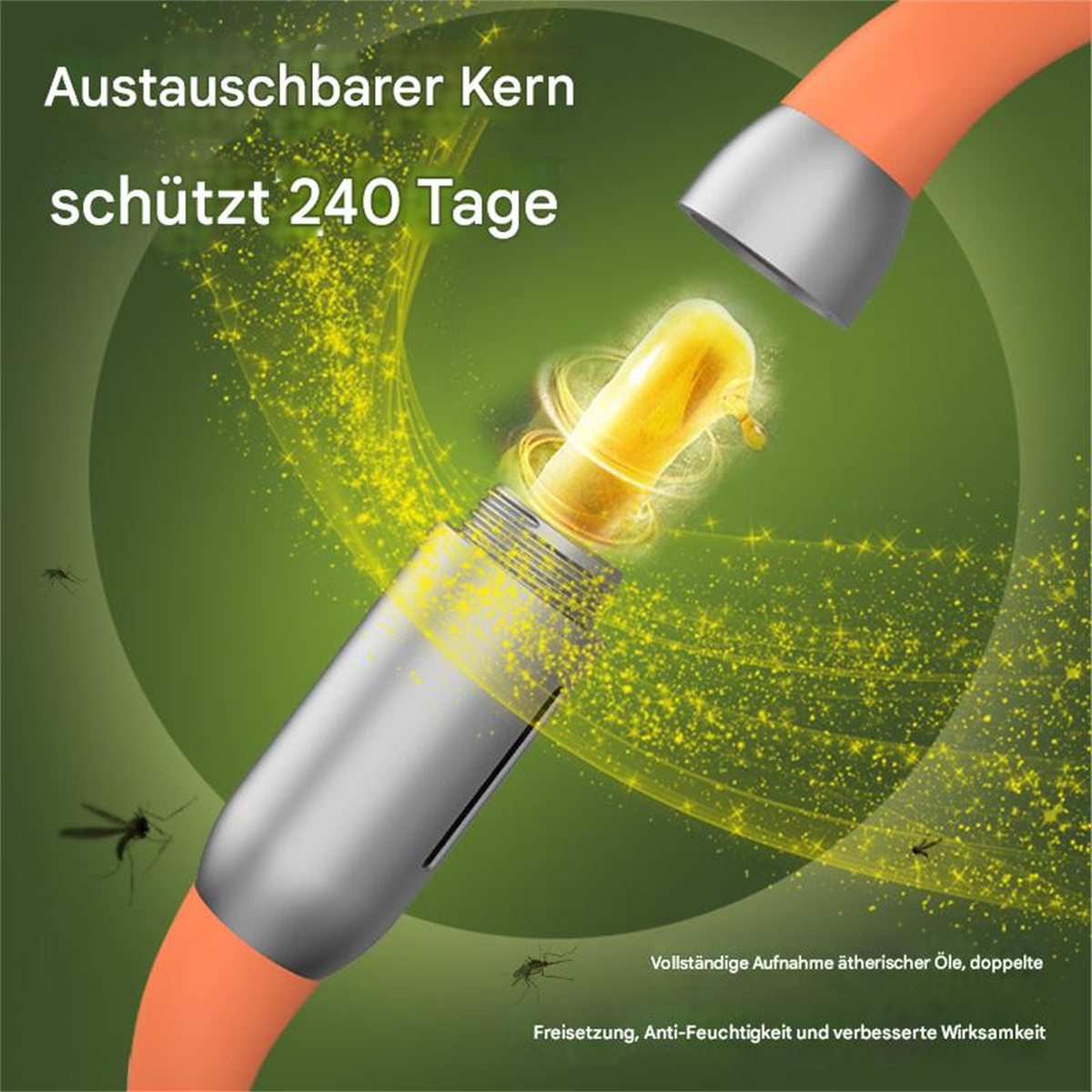 Mückenschutzmittel. Oranges Armband mit austauschbarem Kern. Text: Schützt für 240 Tage.