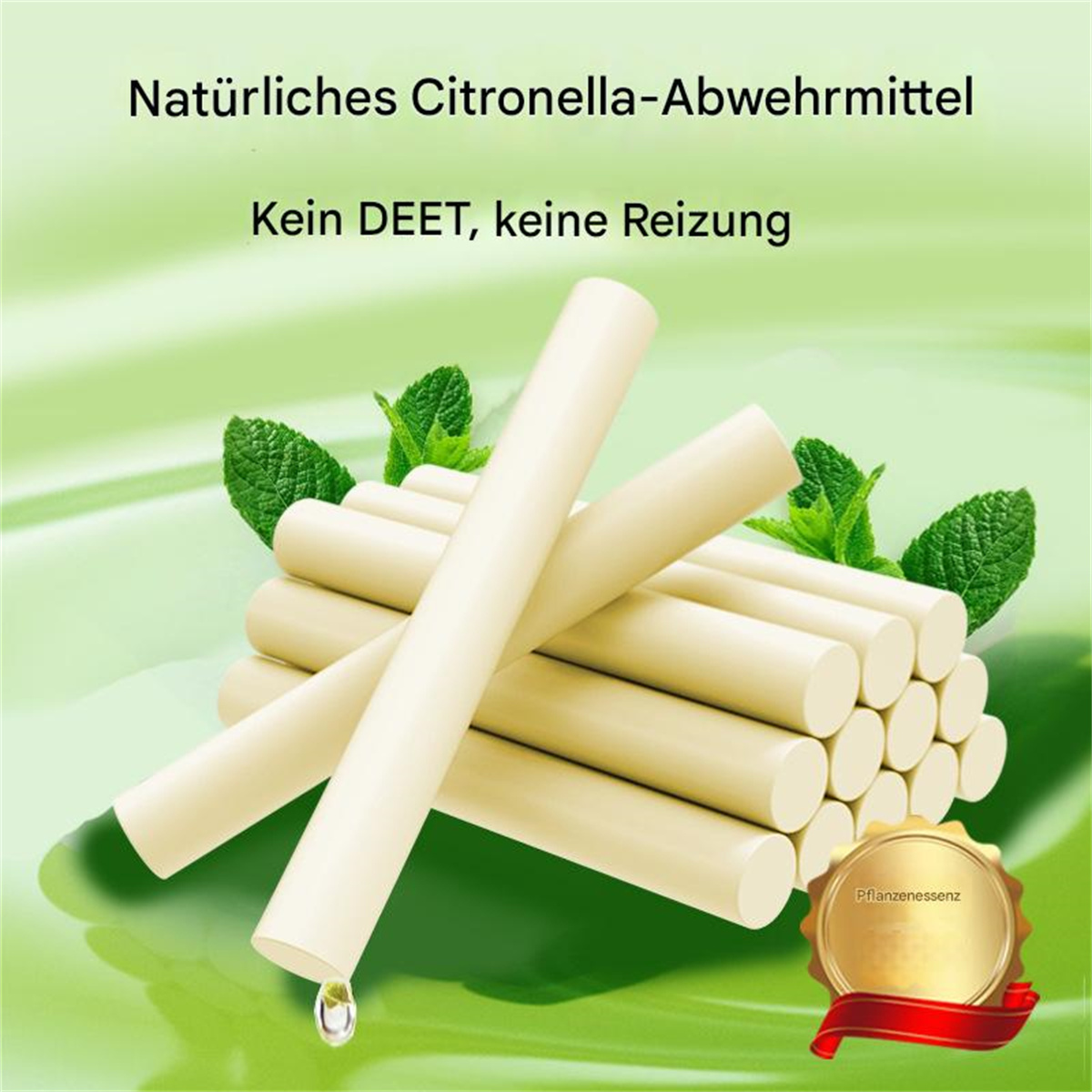 Zitronellastäbchen mit Minzblättern, auf grünem Hintergrund, mit einem goldenen Siegel.