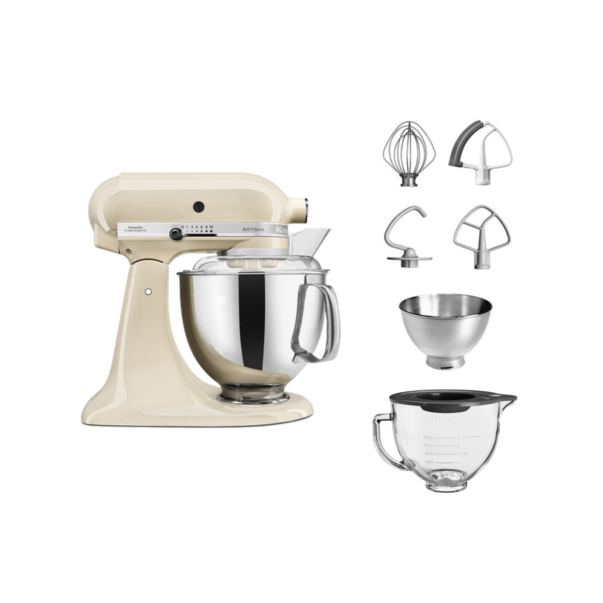 Ein Küchenmixer mit mehreren Aufsätzen und Zubehör, darunter Schüsseln und Rührbesen.