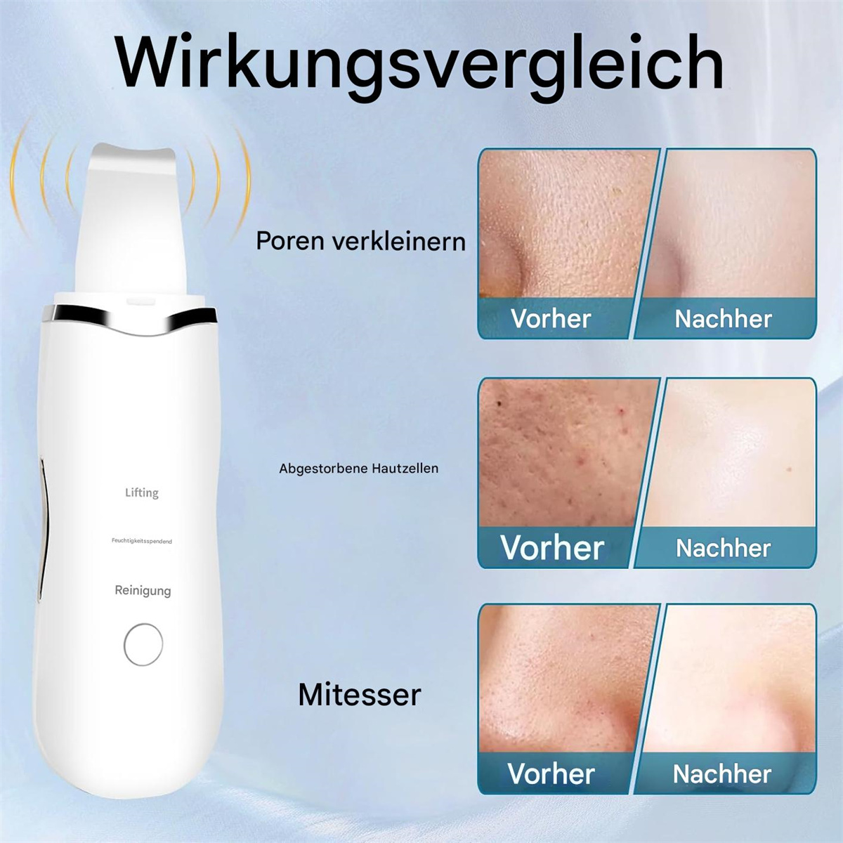 Gesichtspflegegerät mit Vorher-Nachher-Ergebnissen für Poren, abgestorbene Zellen und Mitesser.