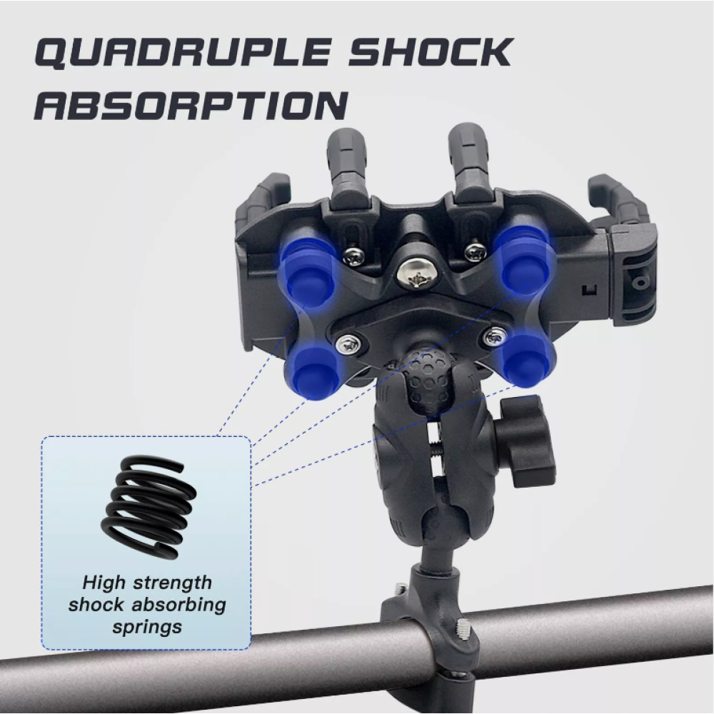 Schwarzer Telefonhalter mit blauen Stoßdämpfern. Text lautet 'quadruple shock absorption'.
