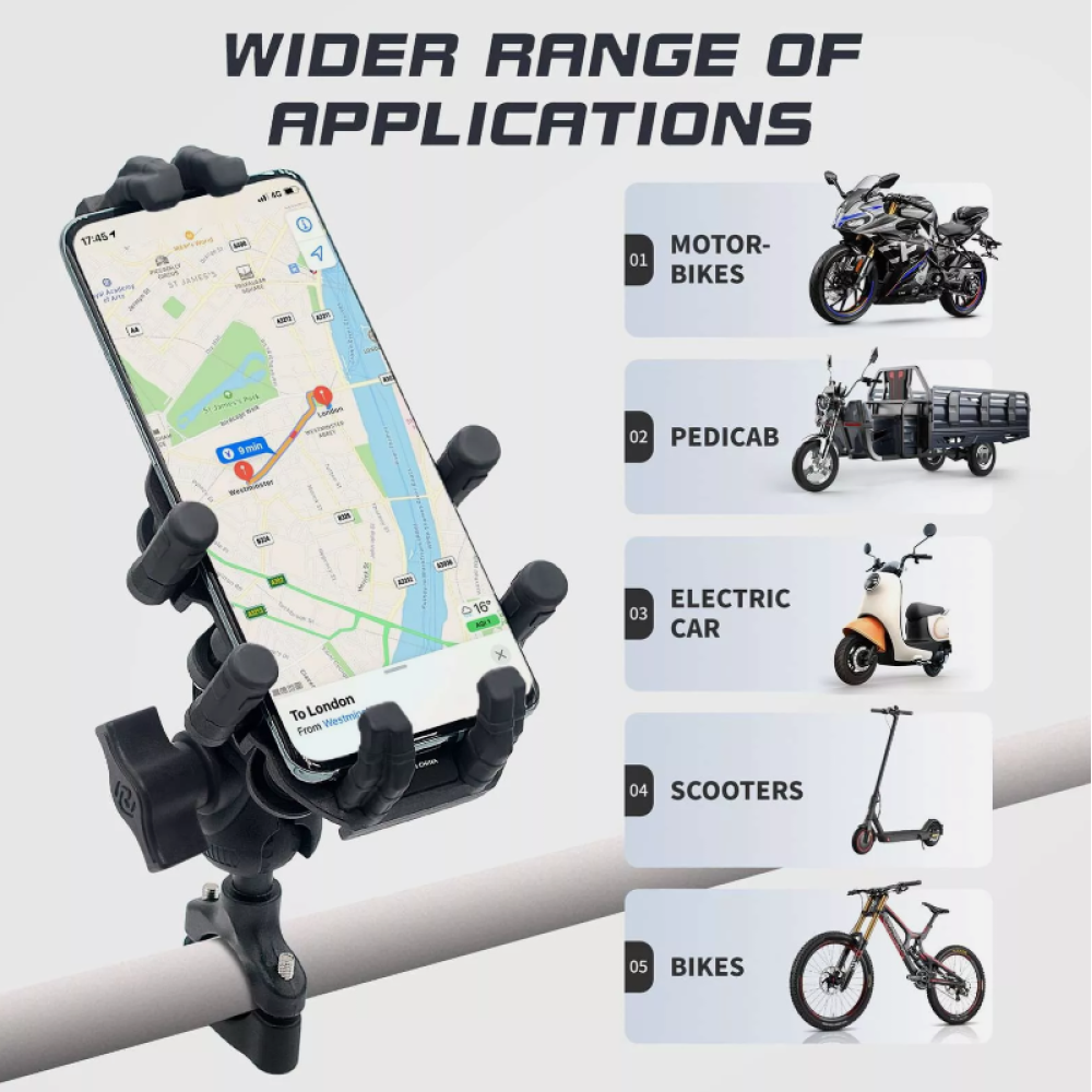 Telefon in Halterung an einem Fahrradlenker. Andere Anwendungen: Motorrad, Riksch, E-Auto, Roller, Fahrräder.